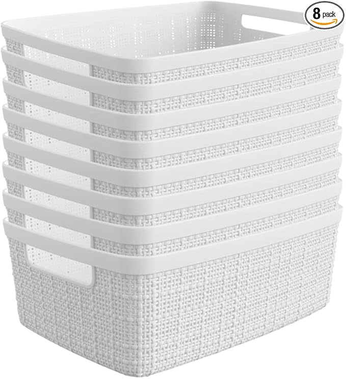 Curver Set of 8 Jute Small Decorative Plastic Organization and Storage Baskets, Perfect Bins for Home Office, Closet Shelves, Kitchen Pantry and All Bedroom Essentials-Ruum Studio Home