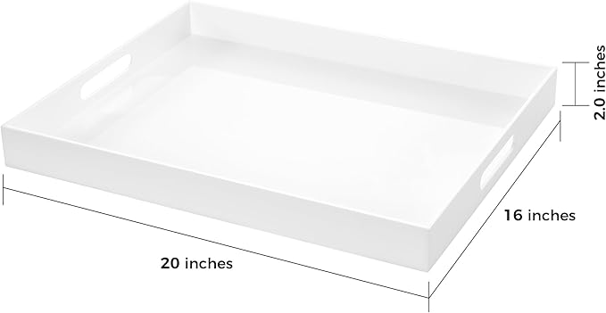 White Rectangular 16x20 Inches Acrylic Ottoman Tray Decorative Serving Tray with Cutout Handles Organizer Tray on Coffee Table Countertop Big Breakfast Bed Tray Living Room Appetizer Serving Food-Ruum Studio Home