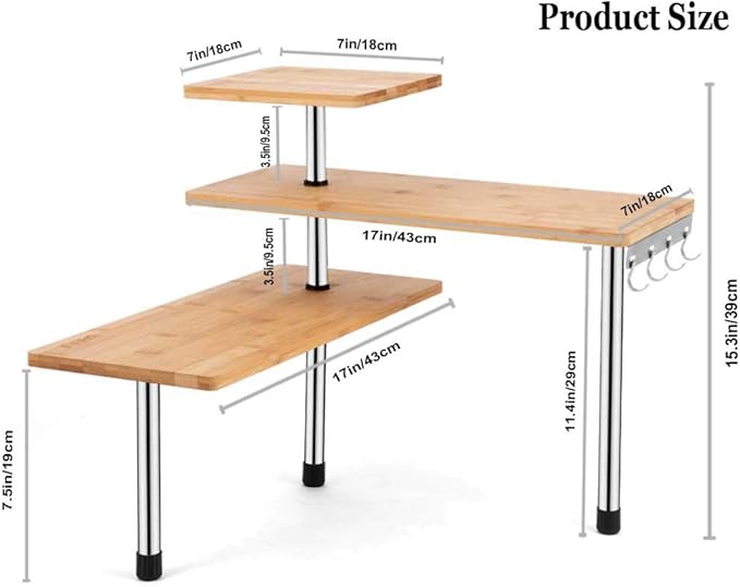 HYNAWIN Corner Shelf, 3 Tier Bamboo & Metal Storage Spice Rack-Desk, Space Saving Bookshelf with Hooks, Adjustable Display Shelf for Creative Home Décor Kitchen, Bedroom, Office (21CO)-Ruum Studio Home