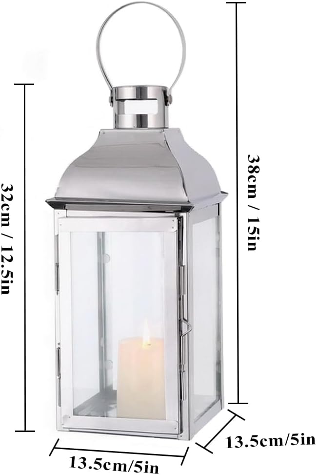 JHY DESIGN Silver Decorative Lanterns 12.5''High Stainless Steel Candle Lanterns with Tempered Glass for Indoor Outdoor Events Parities and Weddings Vintage Style Hanging Lamps-Ruum Studio Home