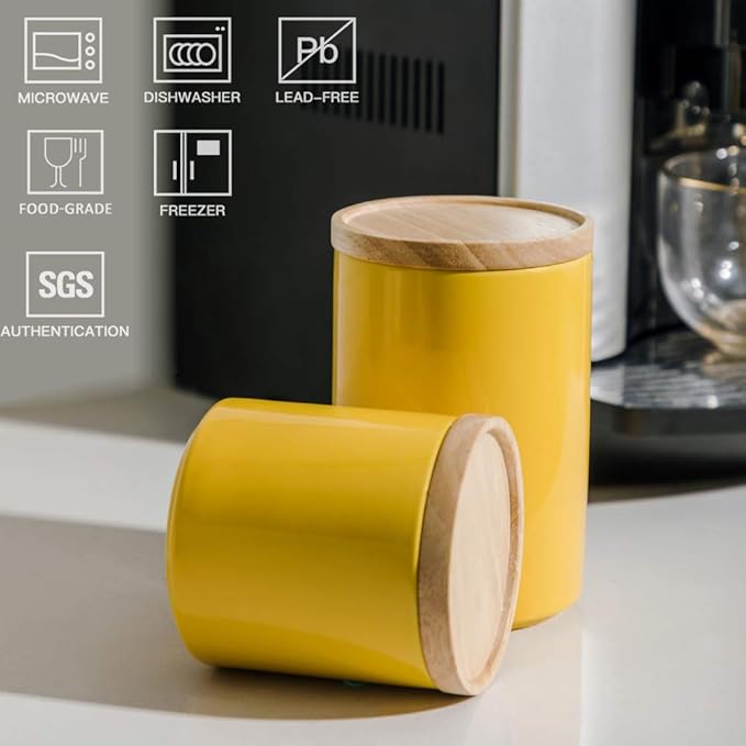Sweejar Kitchen Canisters Ceramic Food Storage Jar, Stackable Containers with Airtight Seal Wooden Lid for Serving Ground Coffee, Tea, Sugar, Salt and More - 16 Fl Oz (Yellow)-Ruum Studio Home