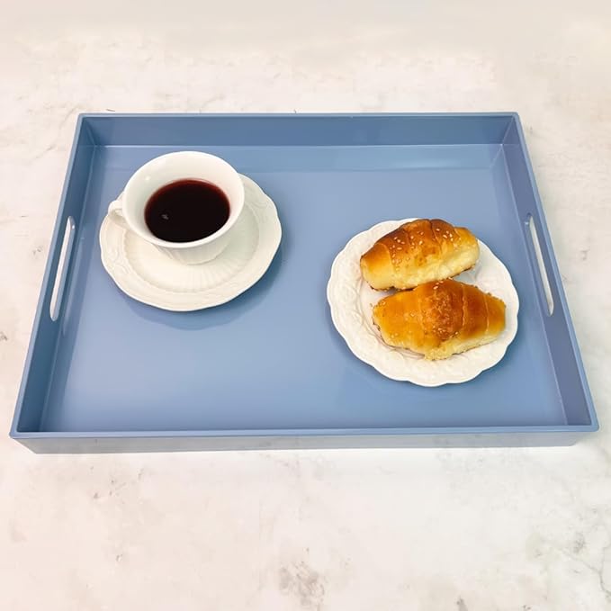 Light Blue Decorative Tray, Rectangular Large Serving Tray with Handles, Plastic Coffee Table Tray for Ottoman, Living Room, Kitchen Tabletop, 15.7” x 11.8” x1.6”-Ruum Studio Home
