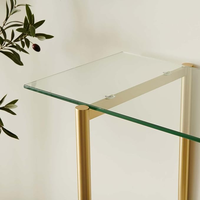 Glass Console Table for Living Room, Foyer & Entrance, 2-Tiers Mid-Century Modern Sofa Table with Clear Glass Top, White Marble Finish Wood Shelf and Gold Finish Frame-Ruum Studio Home