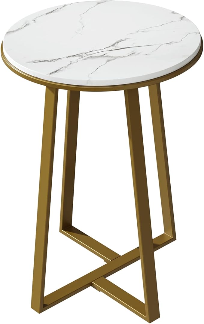 Round End Tables, Small Side Table White Marble Texture MDF Top,Metal Frame Gold Color, Tall End Table for Bed Room,Coffee Tea End Table for Living Room (White Marble+Gold)-Ruum Studio Home