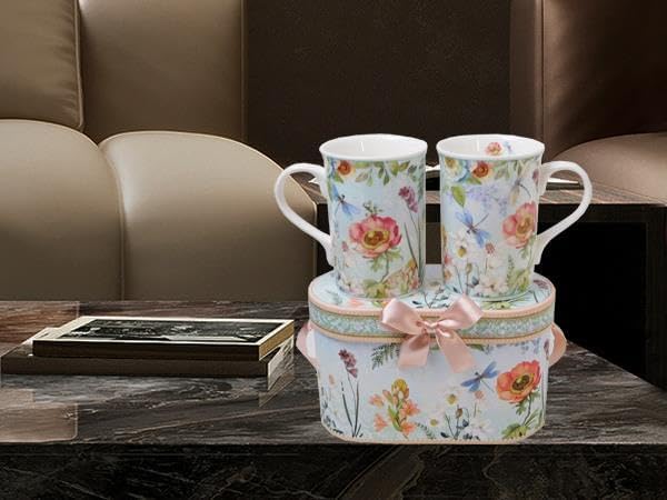 Lightahead Elegant Bone China Two Coffee Mugs Set in Floral Design 10.8 oz Each Cup in Attractive Gift Box-Ruum Studio Home