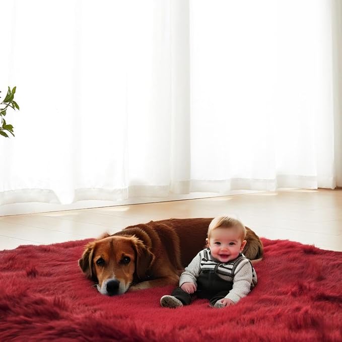 AMTOVO Faux Fur Sheepskin Rug for Living Room, 4 x 6 ft Burgundy Fluffy Area Rug for Bedroom, Playroom, Luxury Room Decor, Rectangle-Ruum Studio Home