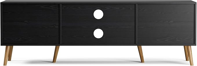 TV Stand for TVs up to 65'', Entertainment Center with Rattan Door, Shelves & 2 Cabinets, Boho Media TV Console for Living Room, Bedroom, Black-Ruum Studio Home