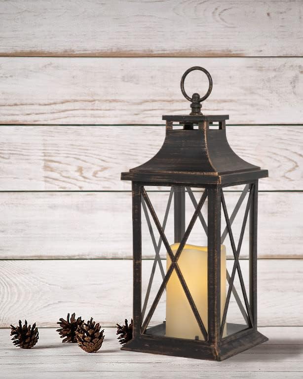 YAKii 14" Decorative Candle Lantern LED Flameless Candle Timer, Plastic LED Candle & Holder, Indoor & Outdoor Hanging Lights,Christmas Day Decoration Pack of 6 (Antique Copper Brushed)-Ruum Studio Home