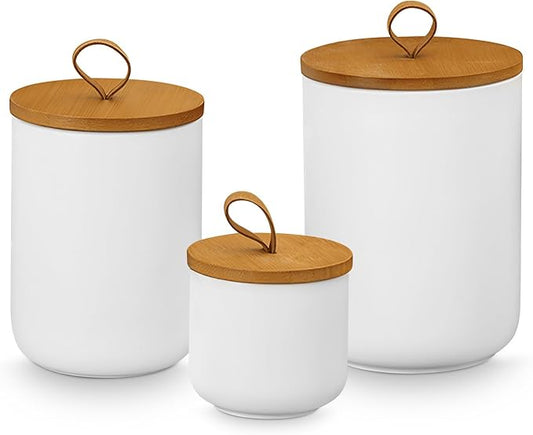 Canister Sets for Kitchen,Ceramic Kitchen Canisters for Countertop with Airtight Wood Lids for Serving Ground Coffee, Tea, Spice, Grains, Sugar, Salt (White Pack of 3 (8.7/27/44 Oz))-Ruum Studio Home