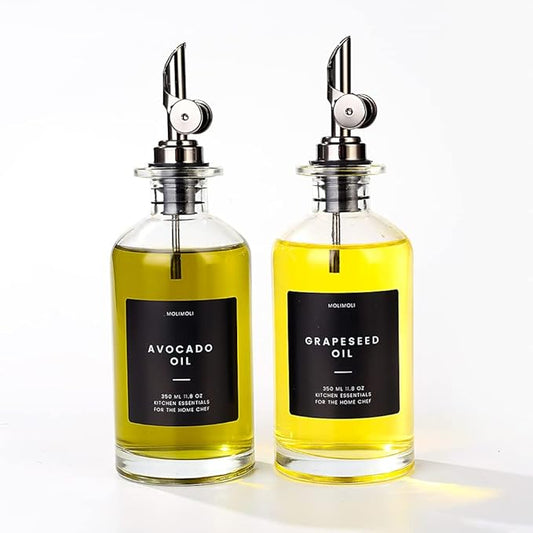 Molimoli Oil and Vinegar Dispenser with Metal Pour Spout, Weighted Pourer, Glass Bottle Dispenser for Kitchen, Olive Oil Cruet, Glass Olive Oil Bottle |350ml, Set of 2-Ruum Studio Home