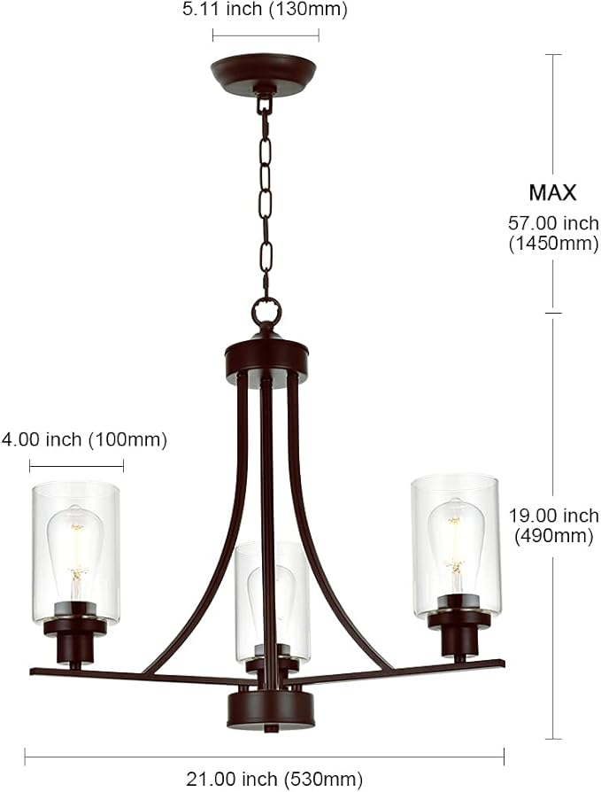 BONLICHT 3 Lights Oil-Rubbed Bronze Traditional Chandelier Rustic Kitchen Island Lighting Fixtures Hanging Clear Glass Cylinder Pendant Lights Classic Ceiling Light for Dining Room Bedroom Foyer-Ruum Studio Home