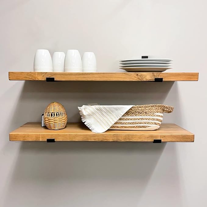 Rustic Shelves with J-Brackets Set of 2, Industrial Shelf, Kitchen Shelves, Solid Wood, Decorative Wall Storage, Heavy Duty, URBANDI (Brown, 24Wx8D)-Ruum Studio Home