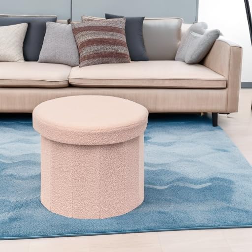 B FSOBEIIALEO Storage Ottoman Cube, Round Ottomans with Storage Foot Stool Footrest for Lving Room, Boucle Ottoman Seat for Dorm Room,Faux Teddy Fur, Pink 15"x15"x15"-Ruum Studio Home
