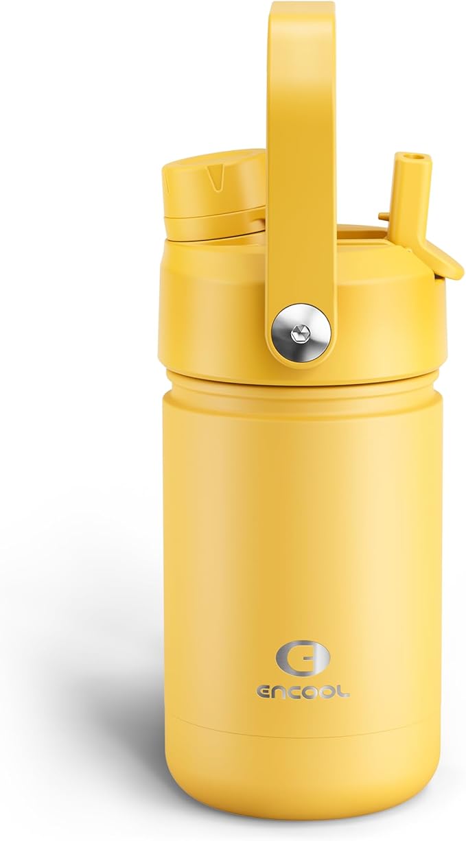 Kids Insualated Water Bottle with Straw - 12oz Stainless Steel Water Bottle with Dual Spouts, Leak-Proof, BPA-Free, Double Wall Vacuum Keeps Cold for 24 Hours for Sports, Travel, School (Elfin Yellow)-Ruum Studio Home
