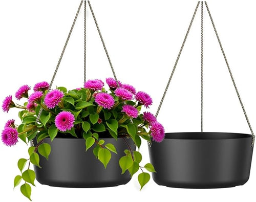 10.7 Inch Hanging Planter for Outdoor Indoor Plants，2 Pack Hanging Flower Pots with Drain Holes for Garden Home Decor Use (Black)-Ruum Studio Home