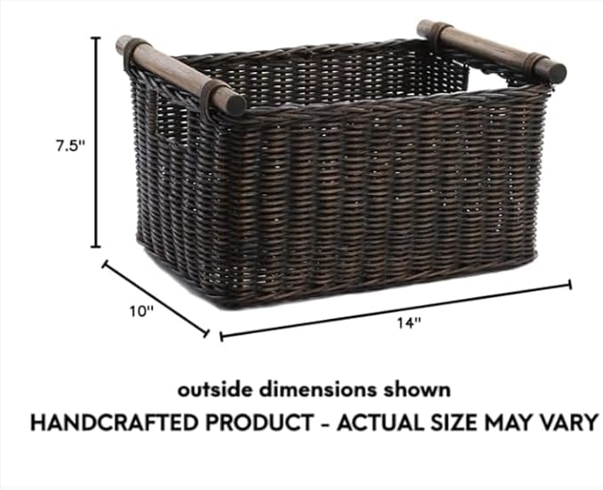 The Basket Lady Pole Handle Wicker Storage Basket, Small, 14 in L x 10 in W x 7.5 in H, Antique Walnut Brown-Ruum Studio Home