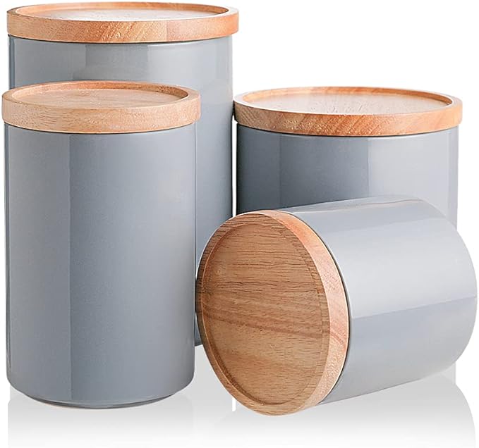 Sweejar Kitchen Canisters Ceramic Food Storage Jar Set, Stackable Containers with Airtight Seal Wooden Lid for Serving Ground Coffee, Tea, Herbs, Grains, Sugar, Salt - Set of 4(Gray)-Ruum Studio Home