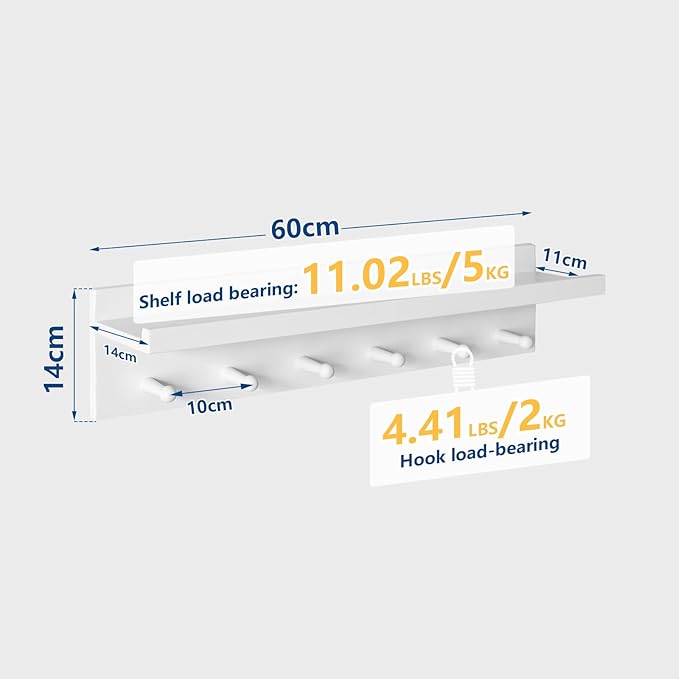 Wood Coat Hook with Wall-Mounted Shelf,23.62in Entryway Wall Hanging Shelf,for Bathroom, Kitchen,Coat Towel Key Organizer White YD-WS0260W-Ruum Studio Home