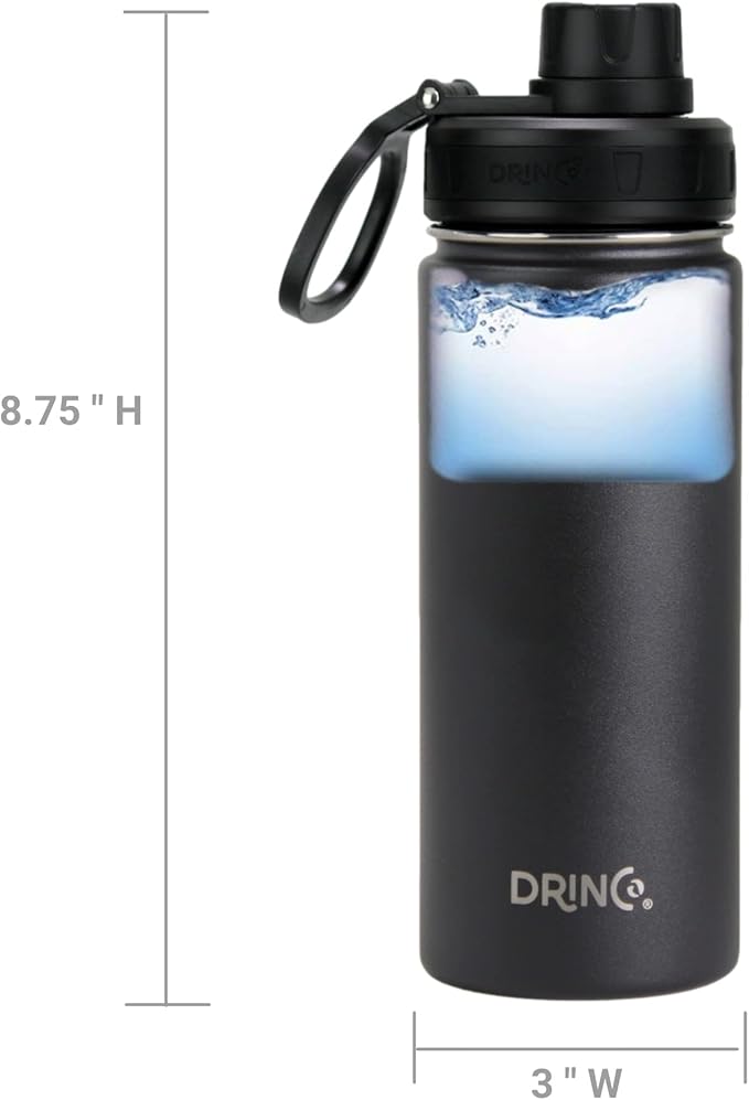 DRINCO Stainless Steel Water Bottle Spout Lid Vacuum Insulated Double Wall Water Bottle Wide Mouth (40oz 32oz 22oz 18oz 14oz) Leak Proof Keeps Cold or Hot (18 oz, 18oz Black)-Ruum Studio Home