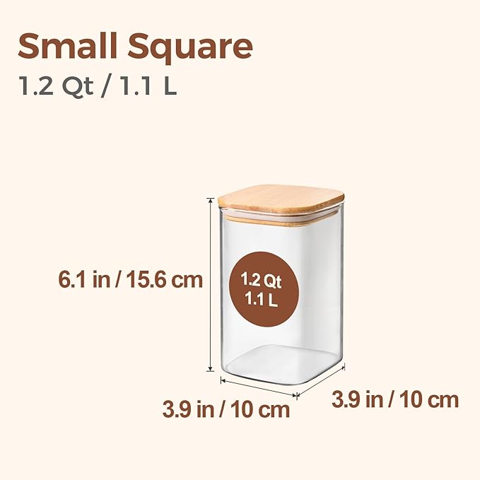 ComSaf Glass Storage Containers with Lids, 1.2 Qt Glass Jars with Lids, Clear Food Storage Jar, Canister For Pantry Cookie Flour Cereal Rice Sugar Tea Coffee Beans Spice, Square Set of 4-Ruum Studio Home