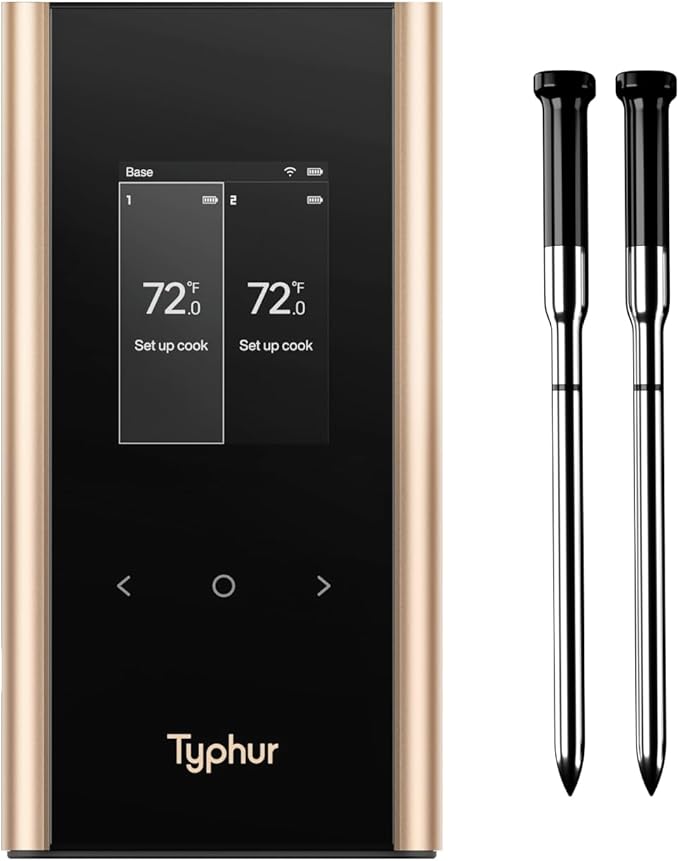 Sync Gold Wireless WiFi Meat Thermometer, 2 Slim Probes, 6 Sensors, 10x Stronger Signal, ±0.5℉ Accuracy, Smart Base Direct Setup, Reliable Reading Through Kamado Grill, BBQ, Oven, Smoker, Air Fryer-Ruum Studio Home
