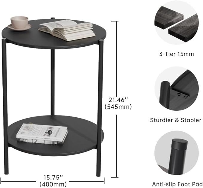 Side Table, Round End Table with 2-Layer Storage Rack, 15.7" Small Spaces Circle Table, Metal Frame Design Small Side Tables, for Living Room, Bedroom, Black-Ruum Studio Home