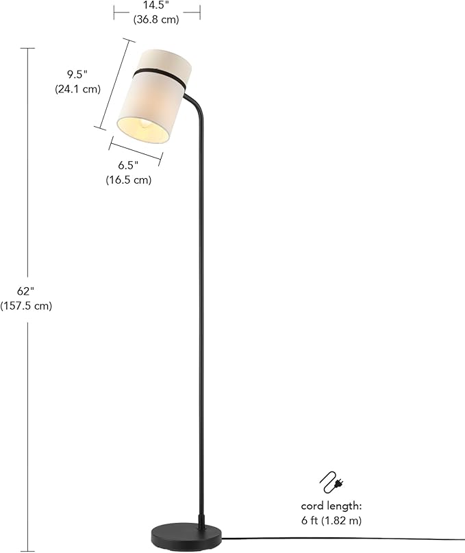 GLOBE Electric 61000145 62" Floor Lamp, Matte Black, White Fabric Shade, in-Line of/Off Foot Switch, 6-Foot Black Cord, Reading Light, Bedroom, Living Room, Home Decor-Ruum Studio Home