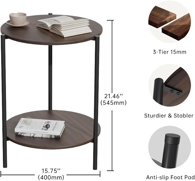 Side Table, Round End Table with 2-Layer Storage Rack, 15.7" Small Spaces Circle Table, Metal Frame Design Small Side Tables, for Living Room, Bedroom, Vintage Wood-Ruum Studio Home