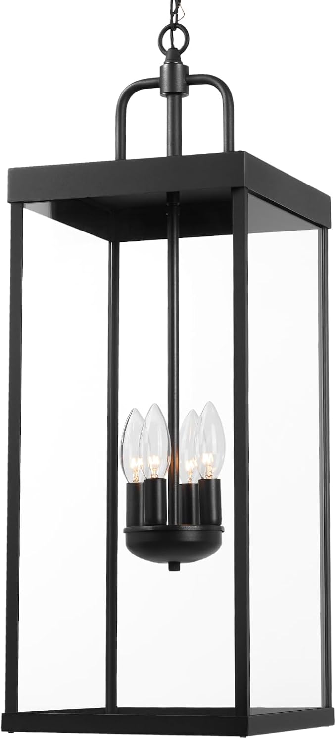 Large Outdoor Pendant Lantern Light Fixture for Front Porch, 28 Inch 4-Light Black Exterior Hanging Chandelier with Clear Glass, Outdoor Indoor Pendant Lamp for Patio, Gazebo, Entryway, Doorway-Ruum Studio Home