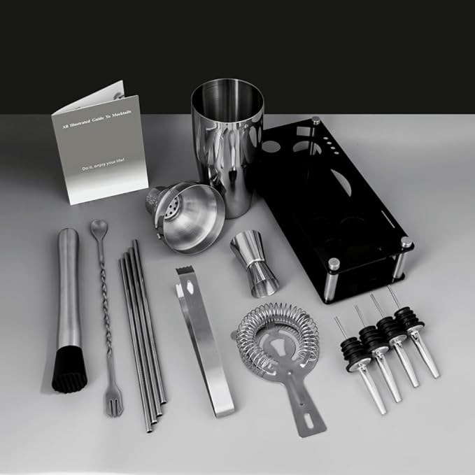 14-Piece Cocktail Shaker Set Bartender Kit with Black Stand, Bar Tool Set for Drink Mixing Bartending Kit Bar Sets Accessories: 750ml(25oz) Shaker, Jigger, Muddler, Cocktail Recipes (Silver)-Ruum Studio Home