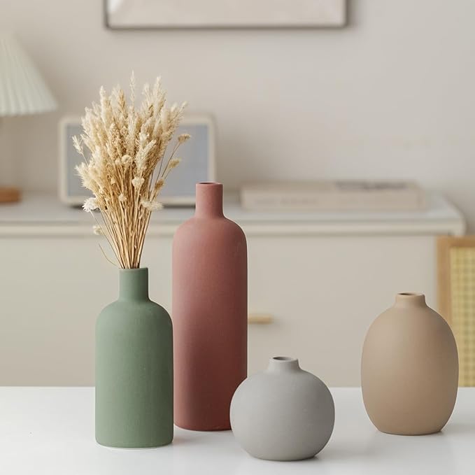 Modern Ceramic Vase Set, Neutral Colors, Decorative Vases for Home Decor, 4 Piece Collection (Green Mix Set 4)-Ruum Studio Home