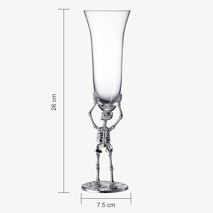 Stemmed Skeleton Champagne Flute Glasses Set of 2 | Gothic Halloween Drinkware | 7.5oz 10" Tall Skeleton Goblets for Haunted Parties, Spooky Wine Glass Set, Gothic Skeleton Decor & Unique Gift Idea-Ruum Studio Home