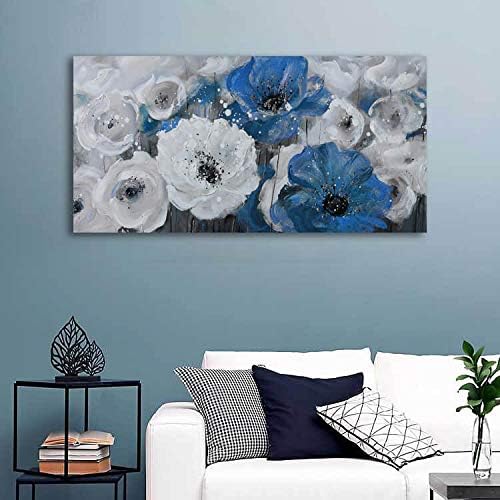 Mofutinpo Large Flower Painting Wall Art, 24x48, Modern Home Decor, Living Room Wall Decorations, White Blue Flower Prints Artwork, Waterproof UV Resistant Canvas, Wall Art for Bedroom-Ruum Studio Home