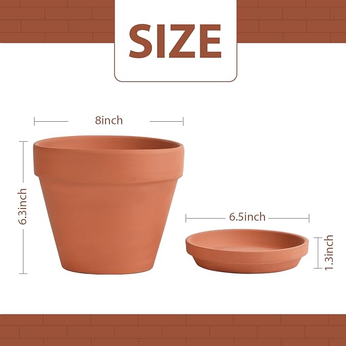 INGOFIN Terracotta Pots Set with Saucer - 2-Pack Ceramic Clay Planters with Drainage Hole, Garden Flower Succulent Pots with Tray for Indoor Outdoor Plants, 8 inch, Set of 2-Ruum Studio Home