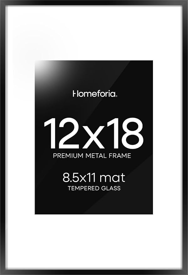 Homeforia 12x18 Picture Frame Black, High End Metal 12x18 Poster Frames with Mat 8.5x11 Photo, 12 x 18 Black Frames Matted to 8.5 by 11 inch Print, 18x12 Thin Frame, Tempered Glass, Wall Kit, Set of 1-Ruum Studio Home