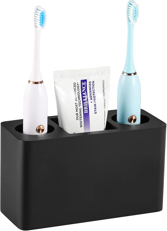Luxspire Toothbrush Holder, 3 Slots Electric Toothbrush and Toothpaste Holder, Resin Bathroom Countertop Storage Bathroom Accessories Toothbrush Stand for Vanity Counter Organizer Caddy - Black-Ruum Studio Home