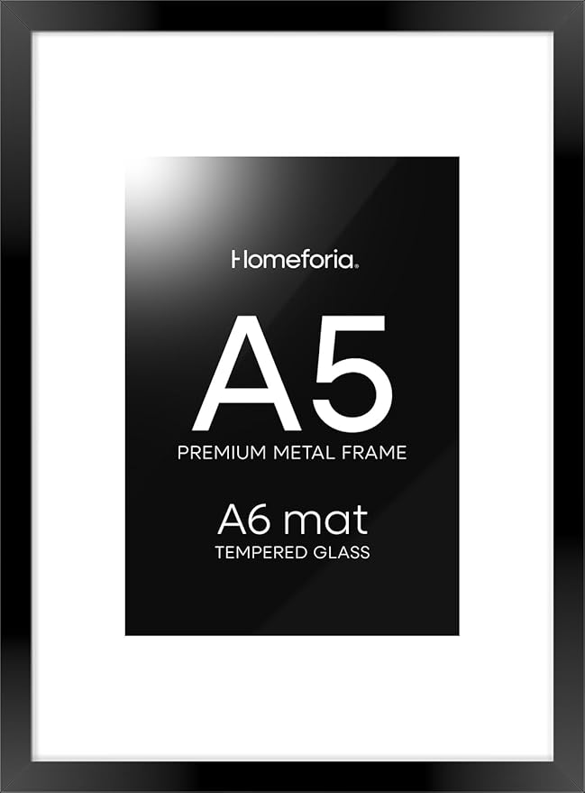 Homeforia A5 Picture Frame Black, High End Metal 5.8x8.3 Frames Matted to 4.1x5.8 Print, A5 Photo Frame with Mat A6, 5.8 x 8.3 Poster Frame, 8.3x5.8 Display Frames, Tempered Glass, Wall Kit, Set of 1-Ruum Studio Home