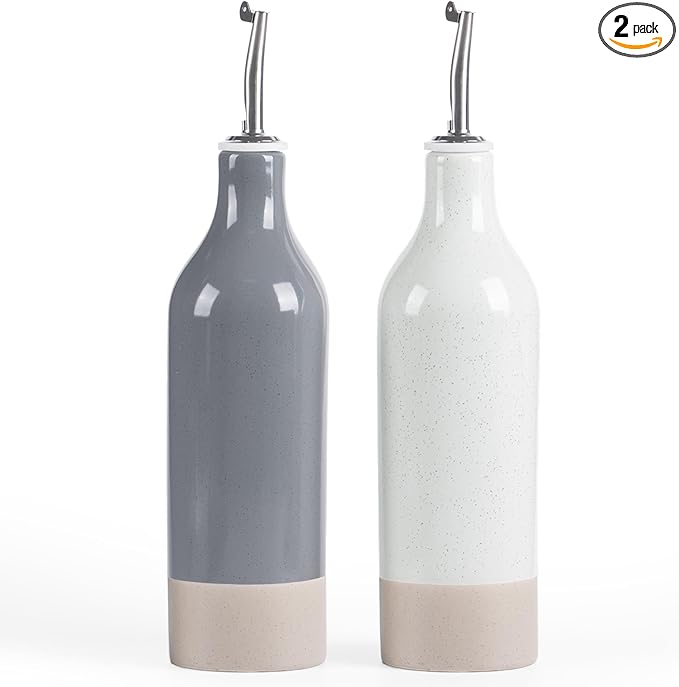 famiware Milkyway 16oz Ceramic Olive Oil Dispenser Bottle, Olive Oil and Vinegar Dispenser Bottle Set of 2 with Stainless Steel Pourers, Suitable for Storage Vinegar, Liquids, White and Dark Gray-Ruum Studio Home