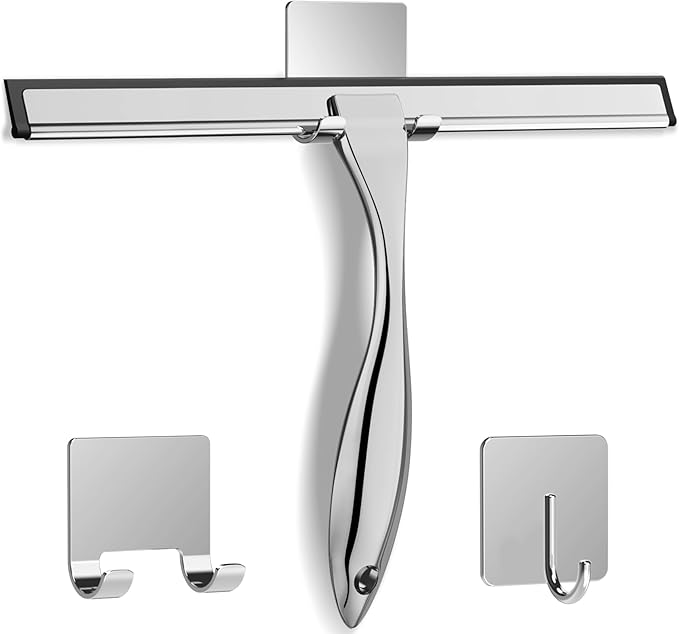 All-Purpose Stainless Steel Shower Squeegee for Shower Doors with 2 Adhesive Hooks, Bathroom Cleaner Tool Household Window Mirror Squeegee for Home Cleaning, Glass Door, Tile Wall, Car, 12 Inch Silver-Ruum Studio Home