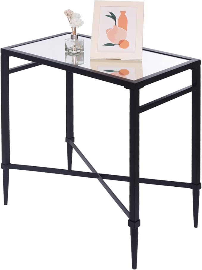 Black End Table, Rectangle Side Table with Mirrored Top, Modern Metal End Table, Small Narrow Side Table for Living Room, Balcony, 22" L x 12.4" W x 24" D-Ruum Studio Home
