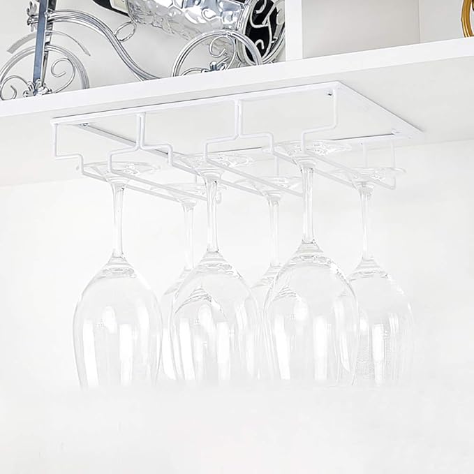 Wine Glass Rack - Under Cabinet Stemware Wine Glass Holder Glasses Storage Hanger 2 Pack Metal Organizer for Bar Kitchen White-Ruum Studio Home