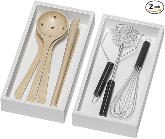 Bamboo Drawer Organizer, Cutlery Silverware Organizer for Kitchen Drawer, Stackable Utensil Organizer, 2 Pcs Flatware Organizer for Drawer, Wooden Storage Box Tray (White, 12 X 6 X 2 Inch)-Ruum Studio Home