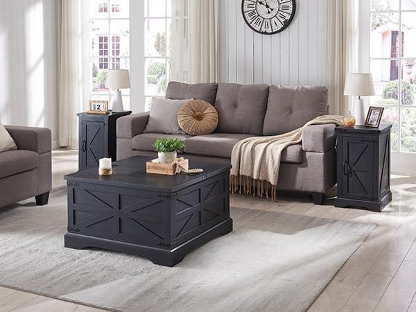 JXQTLINGMU Nightstand with Charging Station, Rectangular Farmhouse End Table with Barn Door and Adjustable Storage Shelf, 17" Deep Wood Rustic Sofa Side Table for Living Room, Bedroom, Black-Ruum Studio Home