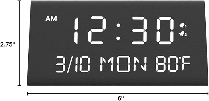 Kogonee Wooden Digital Alarm Clock, 0-100% Dimmer, 2 Alarm Settings, Weekday/Everyday Mode, 9 Mins Snooze, 12/24H, Temperature and Date Display for Office, Travel, Bedroom Alarm Clock (Black)-Ruum Studio Home