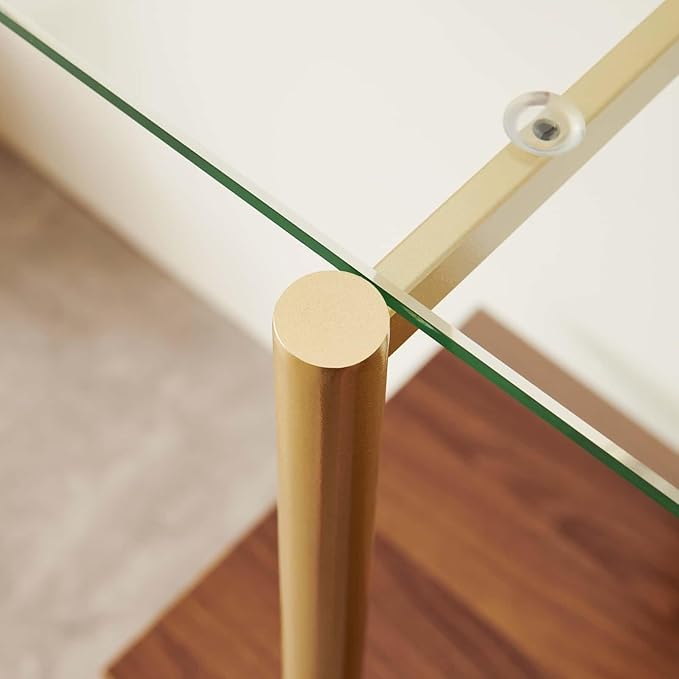 Glass Console Table for Living Room, Foyer & Entrance, 2-Tiers Mid-Century Modern Sofa Table with Clear Glass Top, Walnut Finish Wood Top and Gold Finish Metal Frame-Ruum Studio Home