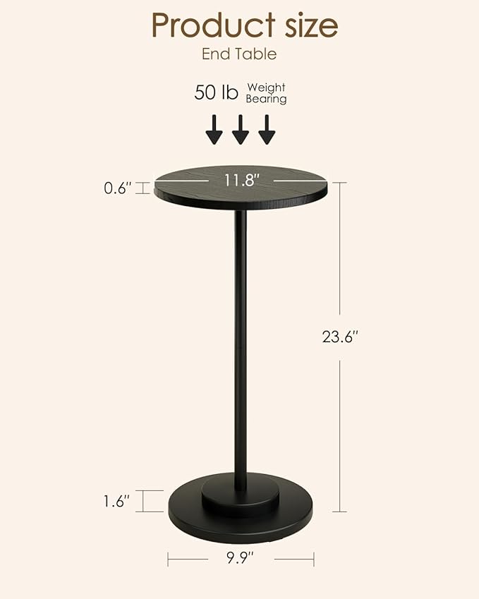 Masupu Drink Table, Round Side Table for Small Spaces, Pedestal Side Table, Small End Table with Metal Base, for Living Room, Bedroom, Bathroom, Black-Ruum Studio Home