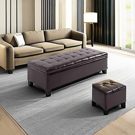 HOMCOM 51" Ottoman Storage Bench, Faux Leather Storage Chest with Lift Top, Tufted Ottoman for Living Room, Entryway, Dark Brown-Ruum Studio Home