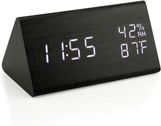 OCT17 Wooden Alarm Clock, Smart LED Digital Clock for Bedroom/desks, Upgraded with Time Temperature, Adjustable Brightness and Voice Control, Humidity Displaying - Black-Ruum Studio Home