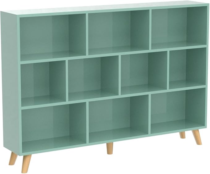 IOTXY Wooden Open Shelf Bookcase - 3-Tier Floor Standing Display Cabinet Rack with Legs, 10 Cubes Kids Bookshelf, Tiffany-Green-Ruum Studio Home