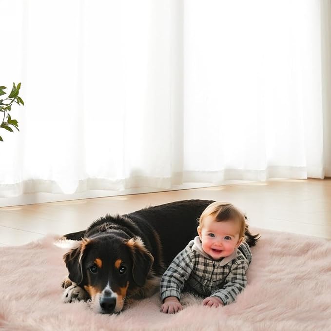 AMTOVO Faux Fur Sheepskin Rug for Living Room, 4 x 6 ft Pink Fluffy Area Rug for Bedroom, Playroom, Luxury Room Decor, Rectangle-Ruum Studio Home